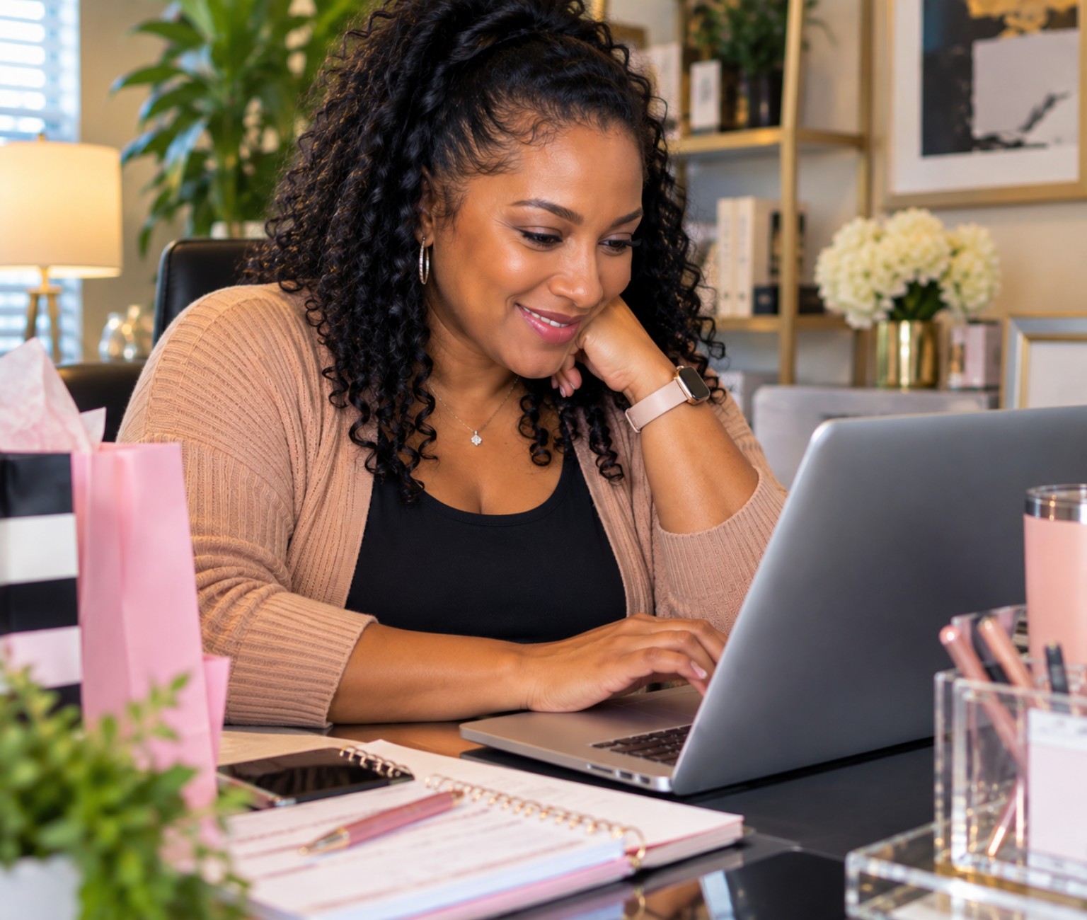 Woman shopping online on a laptop in a bright home office